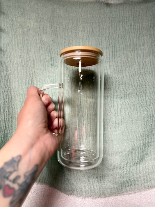 20oz Glass Tumblr with handle and bamboo lid
